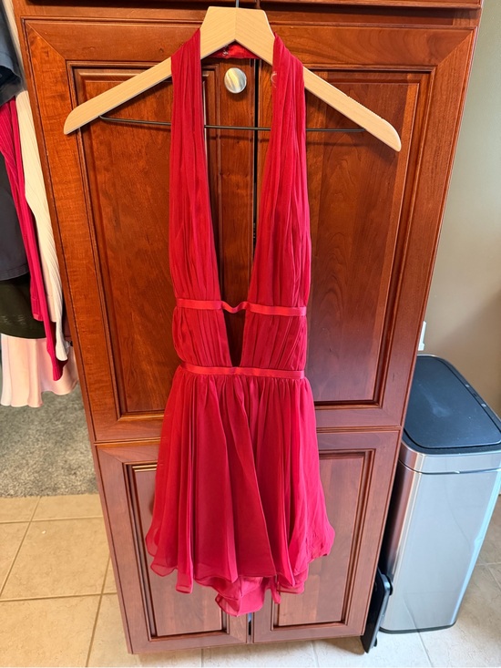 Mirror Palais Dresses & Skirts - Mirror Palais Red Halter Chiffon Romper - Elegant Deep V open back